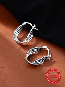 1pc S925 Sterling Silver Women's Vintage Distressed Braided Hoop Earrings, Hypoallergenic Design, Textured Silver Jewelry, Suitable For Daily Wear, Commuting And Holiday Gifts. Personalized Gift For Girlfriend Or Best Friend. Gift Box - Antique Silver - View 3