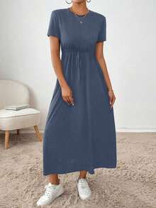 Vestido midi con cordón en la cintura, bolsillo lateral, ropa de regreso a la escuela, ropa de mujer para otoño, atuendos de maestra, vestido de despedida de soltera, vestidos casuales de mujer, vestidos midi de mujer, vestidos de trabajo de mujer, vestidos de otoño para mujer, vestidos maxi de mujer, disfraz de Halloween, vestido casual de negocios, vestidos de verano para mujer - Azul marino - Ver 4