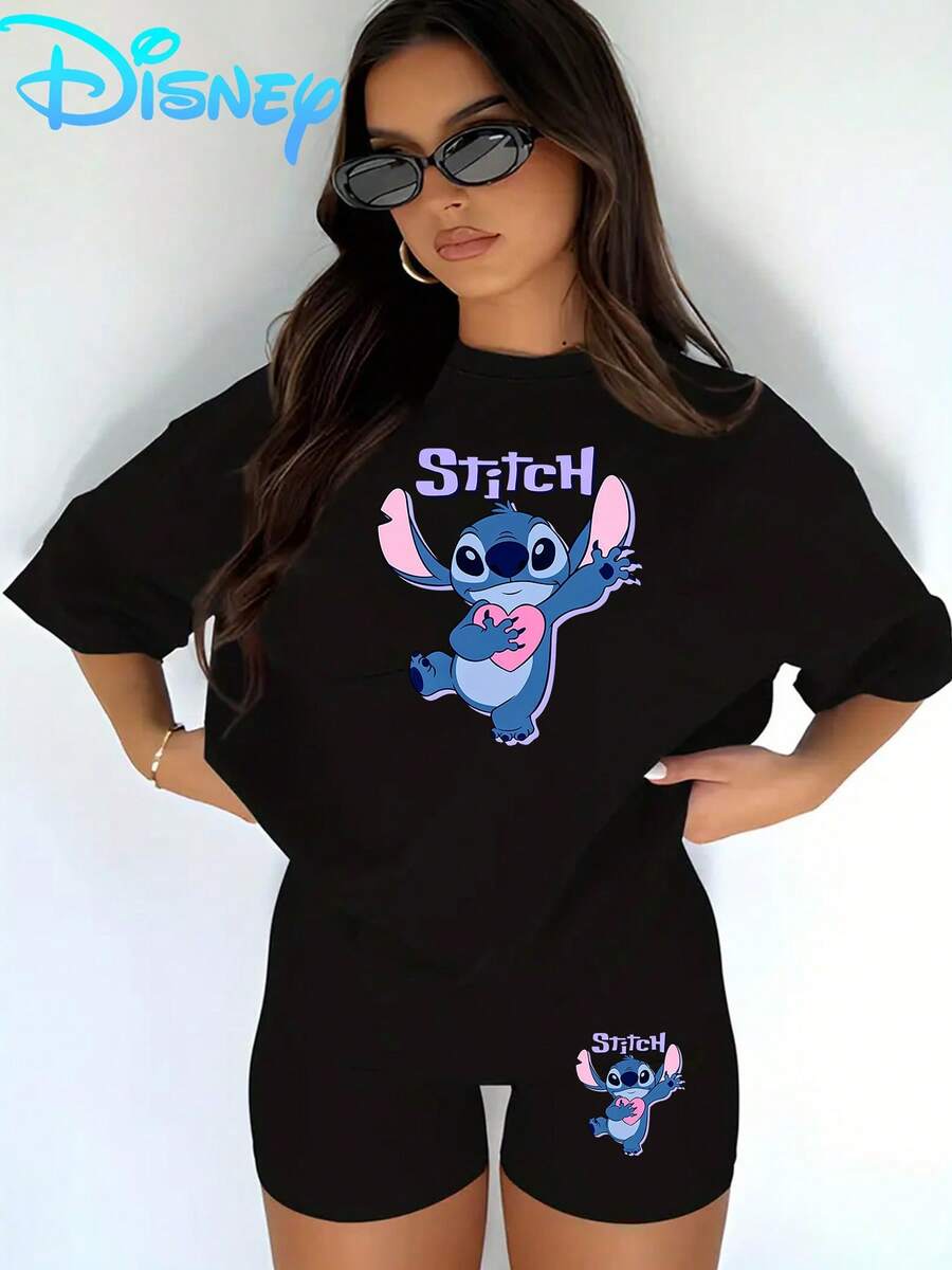 Lilo & Stitch "Heart Hug" T-Shirt & Biker Shorts Setwomen's Casual T-Shirt And Yoga Pants Set, Perfect For Summer Travel And Relaxing At Home. Disney Licensed Stylish, Soft, And Comfortable Sportswear Set. - Black - View 1