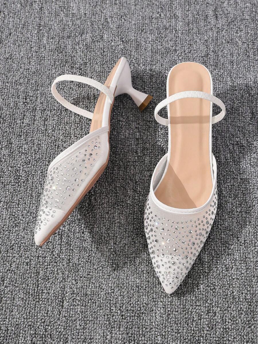 White Mesh Rhinestone Pointed Toe Kitten Heel Mule Sandals, Women's Open Toe Single Strap Slip-On High Heels, Elegant Summer Wedding Outdoor Sandals - White - View 1