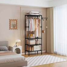1件黑色金屬衣架，重型開放式衣櫥附儲物層，多功能衣物收納架，適合臥室、宿舍和小空間，大容量式掛衣架 - 查看 13
