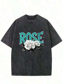 Camisetas de peso pesado para hombre, camiseta de 230 g con estampado de rosas lavadas, cuello redondo de algodón, manga corta, corte holgado, estilo vintage desgastado, estilo americano, tallas grandes y altas, camiseta con estampado de rosas para el Día de la Independencia, envío gratis, conjuntos de verano para mujer, camisetas gráficas. - Negro - Ver 1