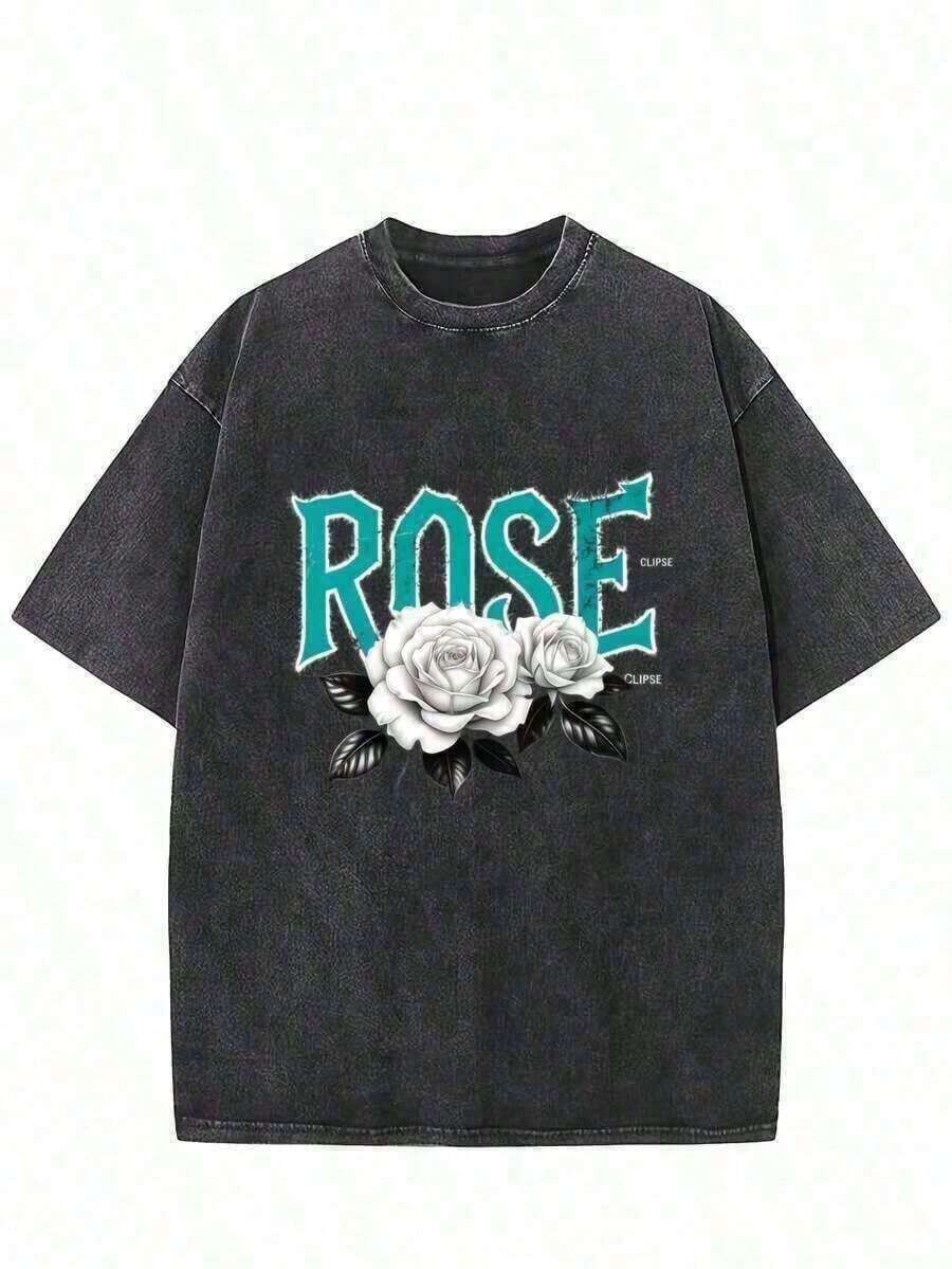 Camisetas de peso pesado para hombre, camiseta de 230 g con estampado de rosas lavadas, cuello redondo de algodón, manga corta, corte holgado, estilo vintage desgastado, estilo americano, tallas grandes y altas, camiseta con estampado de rosas para el Día de la Independencia, envío gratis, conjuntos de verano para mujer, camisetas gráficas. - Negro - Ver 1