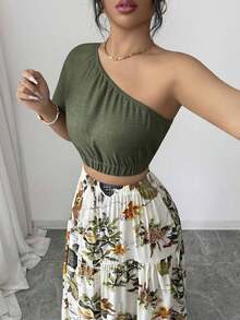 Blusa ajustada de manga corta con hombro asimétrico en color verde elegante + Falda ajustada en línea A de color beige elegante, ropa de vacaciones/resort - Burdeos - Ver 10