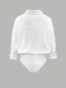 Body de manga larga y color blanco sólido, de estilo minimalista y casual para uso diario de las mujeres - Blanco - Ver 2