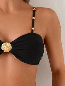 Swim Chiccia Conjunto de bikini marrón de cintura alta con control de abdomen, correa con cuentas y hebilla de metal elegante para vacaciones de mujer, primavera/verano 2025 - Negro - Ver 6