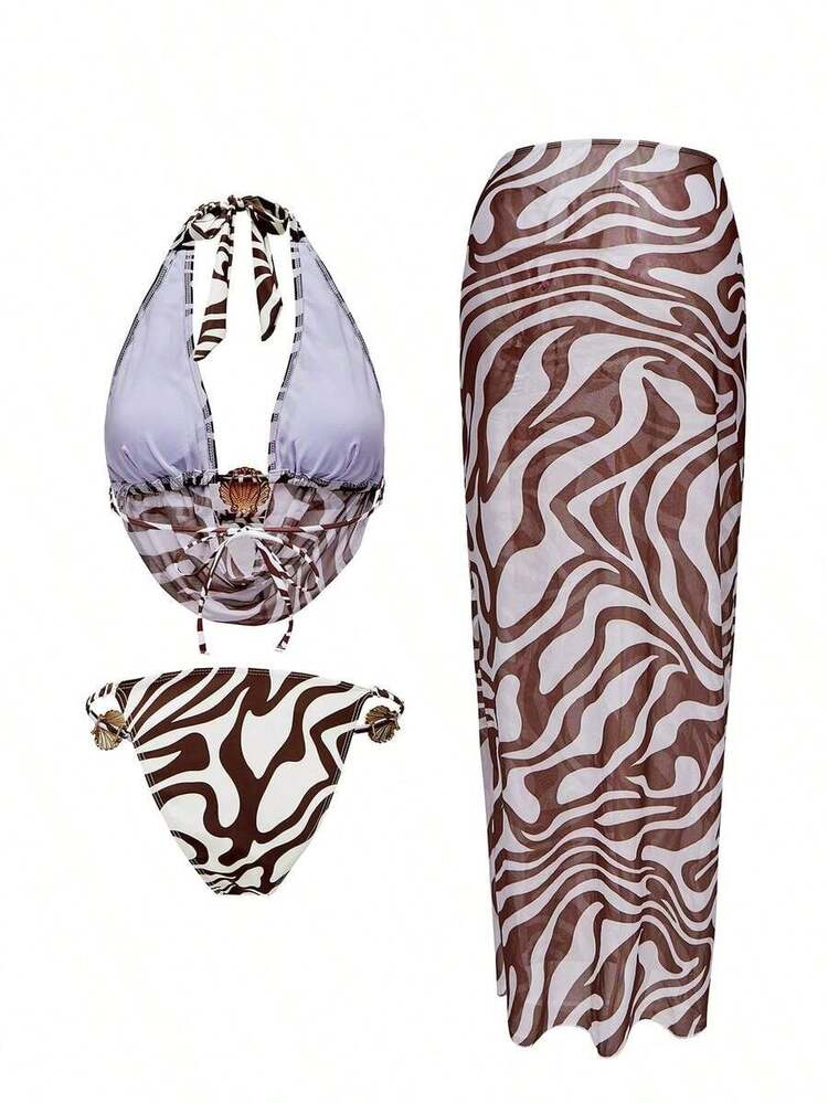 Swim Oasis Top de cuello de halter de tela especial con pantalones de atar a los lados, traje de baño y falda de atar a los lados para vacaciones de verano en la playa - Multicolor 2 - Añade 3
