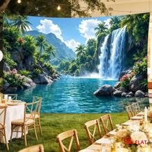 1 buah Banner Latar Belakang Pesta Bertema Sungai Air Terjun Hutan Tropis, Terbuat dari Poliester dengan Pohon Palem, Bukit Hijau, dan Elemen Bunga, Cocok untuk Ulang Tahun, Pernikahan, Fotografi, dan Acara Lainnya - A - View 9