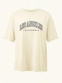 Niche Design. Women's T-Shirt Inspired By Los Angeles, California, Loose Fit, Crew Neck, Casual, With Graphic Letter Print, 100% Cotton - 杏色 - 查看 3