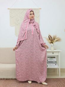 Pink Floral Print Long Sleeve Prayer Dress With Lace Applique, Non-Stretch Woven Fabric Muslim Abaya Fall - Pink - View 2