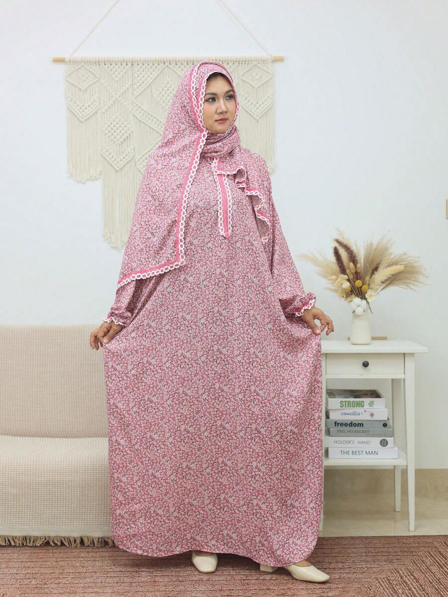 Pink Floral Print Long Sleeve Prayer Dress With Lace Applique, Non-Stretch Woven Fabric Muslim Abaya Fall