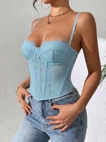 1 Piece Women's Lace Trim Fitted Crop Top, Sexy Tight Corset Top, Suitable For Party, Travel, Gathering, Christmas, Valentine's Day, Casual Summer, Black - 賽萊斯特 - 查看 5