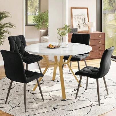 Esstisch-Set, Esstisch- Und Stuhlset (5-Teilig), Modern, Schlichtes Rundes Esstisch- Und Stuhlset Aus Marmor, Goldfarbene Metalltischbeine + 4 Ergonomic Samtstühle, Schwarze Esszimmerstühle