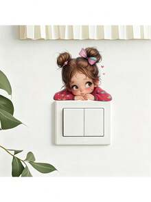 Cute Double Bun Little Girl Peeking Light Switch Wall Decal, Cartoon Doll Self-Adhesive Light Switch Sticker Suitable For Children's Bedroom, Nursery, Girls' Room Light Switch Panel, Removable Peel And Stick, Fun Theme Art - Cute Little Girl With Double Buns - View 1