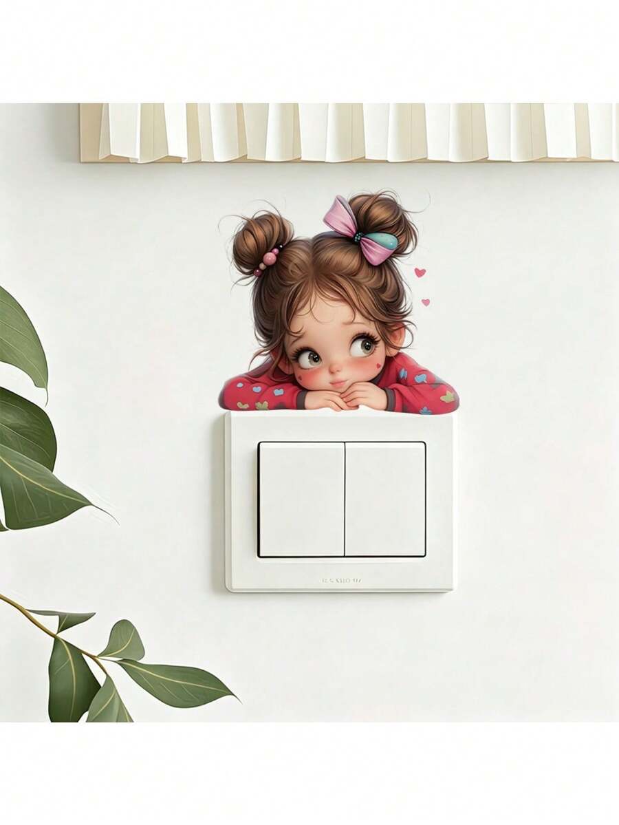 Cute Double Bun Little Girl Peeking Light Switch Wall Decal, Cartoon Doll Self-Adhesive Light Switch Sticker Suitable For Children's Bedroom, Nursery, Girls' Room Light Switch Panel, Removable Peel And Stick, Fun Theme Art - Cute Little Girl With Double Buns - View 1