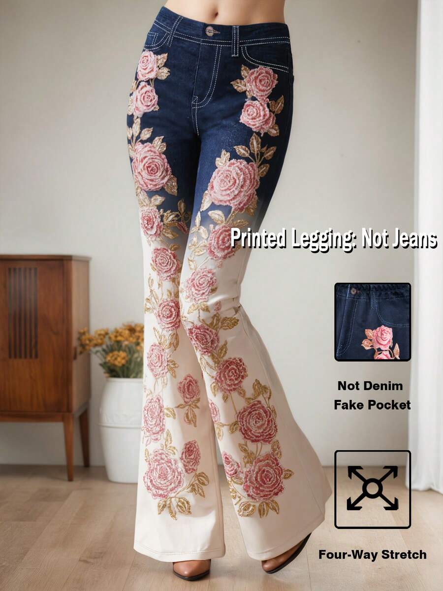 Pantalones estampados de talla grande, [pantalones estampados - no de tela de mezclilla] Pantalones acampanados de ajuste entallado con estampado de imitación de mezclilla, estampado floral, estampado con efecto de tela de imitación de mezclilla, bolsillos y botones de imitación, y estilo vintage de - Azul oscuro - Ver 1