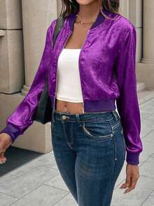 Chaqueta de béisbol con cremallera metálica dorada, puños acanalados, ajuste slim, elegante y versátil, cárdigan corto para ropa de fiesta de Año Nuevo - Morado 2 - Ver 4