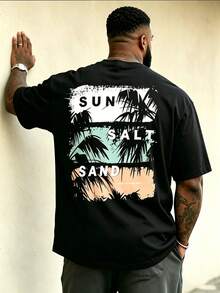 Men's Plus Size Sun Salt Palm Tree Print T-Shirt, Casual Loose Fit Crew Neck Short Sleeve T-Shirt, Black Summer Street Style - Black - View 2