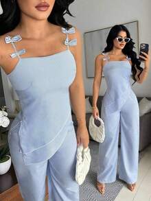 Conjunto de 2 piezas de blusa asimétrica con cuello de lazo a rayas azul y blanco y pantalones rectos informales para mujer, conjunto de vacaciones de verano en azul claro y azul bebé para mujer - Azul - Ver 1