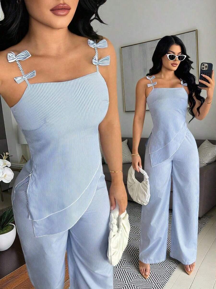 Conjunto de 2 piezas de blusa asimétrica con cuello de lazo a rayas azul y blanco y pantalones rectos informales para mujer, conjunto de vacaciones de verano en azul claro y azul bebé para mujer - Azul - Ver 1