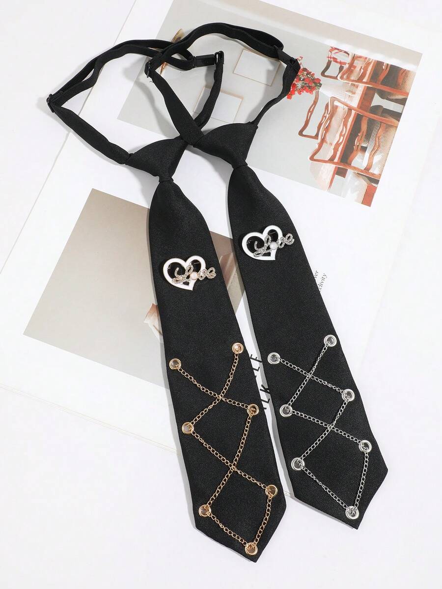 1pc Unisex Fashion Casual Minimalist Heart & Letter Decor Clip-On Tie, Comfortable & Versatile For Daily, School, Date, Outing, Party Wear - Black - View 1