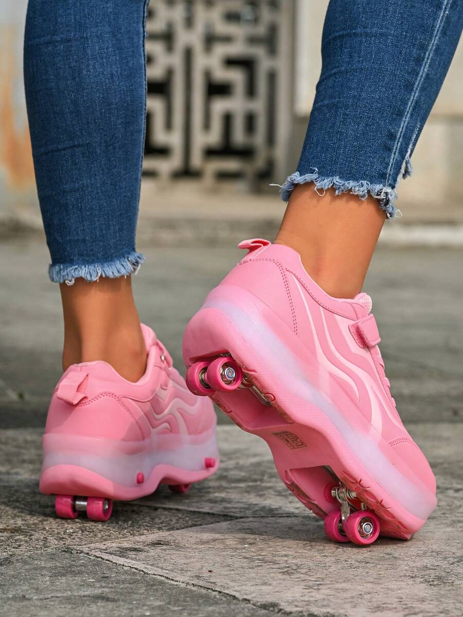 Sepatu Roda Motif Gelombang untuk Anak Perempuan, Sepatu Roda 4 Roda yang Dapat Ditarik dengan Perekat Velcro, Sepatu Olahraga Seluncur Anak-Anak - Berwarna merah muda - View 1