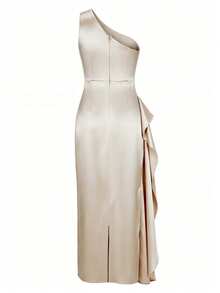 Women's Elegant Spring/Summer Satin One-Shoulder Midi Party Dress, Solid Color Pleated Evening Gown For Wedding Guest Formal Occasions, Suitable For Mother's Day - Apricot - View 8