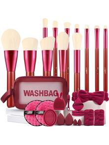 Bộ dụng cụ trang điểm 29 món tất cả trong một, 12 cọ trang điểm mềm, túi đựng mỹ phẩm khóa kéo chống nước, mút trang điểm, bông phấn tam giác, mút tẩy trang, băng đô, dây đeo tay, dụng cụ vệ sinh cọ, dụng cụ chăm sóc da mặt bằng silicone & cọ rửa mũi - Nhiều màu - Xem 1