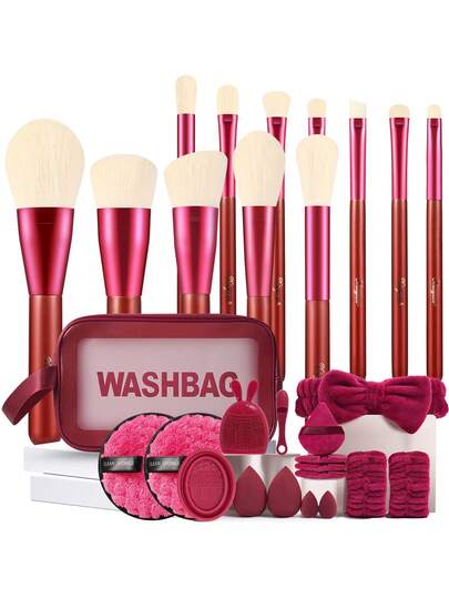 Bộ dụng cụ trang điểm 29 món tất cả trong một, 12 cọ trang điểm mềm, túi đựng mỹ phẩm khóa kéo chống nước, mút trang điểm, bông phấn tam giác, mút tẩy trang, băng đô, dây đeo tay, dụng cụ vệ sinh cọ, dụng cụ chăm sóc da mặt bằng silicone & cọ rửa mũi