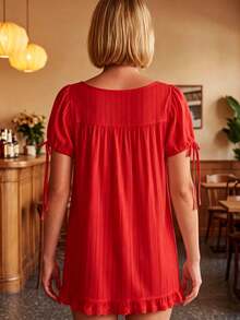 Red Women's A-Line Square Neck Puff Sleeve Babydoll Dress Lace Trim Ruffle Hem Dress Summer Casual Flowy Dress For Beach Vacation - 紅色 - 查看 2