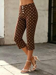 Womens Capri Pants Elegant Solid Color Front Button Decor Slim Fit Cropped Trousers For Daily Wear Party Vacation - Dark Brown - View 5