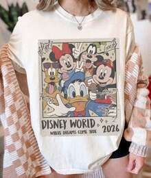 Disney Women's T-Shirt 1PC Licensed "Vintage Disney World 2026 Mickey Minnie Goofy Pluto Donald Duck Group Portrait" Cartoon Printed Oversized T‑Shirt, Short Sleeve Tee For Disney Travel, Vacations & Theme Parks. 2026 New Style, Ideal For Family Outings & Matching Outfits, Unisex For All Ages. High‑Quality Cotton Fabric, Soft & Breathable. Retro Distressed Frame Design With Signature‑Style Character Autographs, Perfect For Disney World 2026 Vacation Matching Outfits. - White - View 1