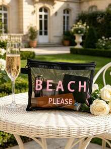 Borsa da spiaggia in rete con la scritta "Beach_please", pochette cosmetica portatile per rossetti e cuscinetti, borsa da toilette con design costiero, organizer da viaggio per il trucco trasparente e spaziosa, borsa da spiaggia in stile hawaiano perfetta per le vacanze al mare, borsa della spesa portatile, ideale per vacanze, fitness, regali per la festa della mamma, San Valentino, insegnanti e donne in viaggio, brevi viaggi e necessità di viaggio - Multicolore - Visualizzare 5