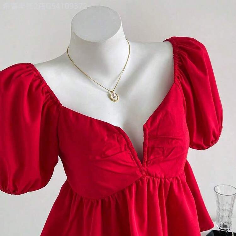 Soqi Women's Clothing  Blusa casual elegante de mujer con cuello en V profundo y plisado en color rojo - Azul marino - Añade 2