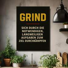 Póster motivacional alemán de 1 pieza con letras GRIND - Arte de pared en lienzo enmarcado vertical dorado sobre negro - Frase en alemán adecuada para decoración del hogar, oficina, sala de estar - Impresión de texto rústico moderno, instalación con gancho - Enmarcado - Ver 4