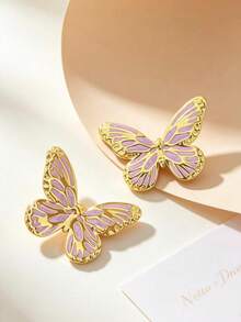 1 Pair Vintage Butterfly Stud Earrings, Lavender Enamel Wing Design With Gold Trim Stainless Steel, Elegant Jewelry, Suitable For Party, Date, Daily Wear - Multicolor - View 5