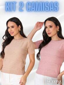 Kit 2 Blusa Camiseta T-shirt Feminina Manga Curta Detalhada Tricô Elegante Moda Verão Tricot - Verde Bebê/Areia - Visão 6