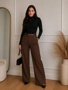 Elegant Women's Winter 2-Piece Set With High-Neck Long-Sleeve Bodysuit And Tailored Trousers + Belt - Winter Fashion - 黑色褲子 棕色褲子 - 查看 4