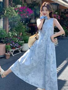 Đầm không tay in hoa lá thanh lịch Y6Y dành cho nữ, thích hợp cho mùa hè. - Màu xanh lam - Xem 6
