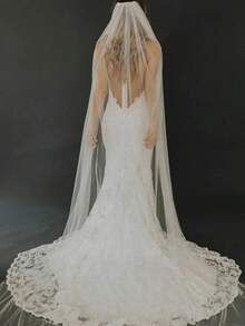 1 pièce Long voile de mariée avec grande traîne, voile de mariage romantique accessoire de mariée avec peigne à cheveux en métal, convient pour la photographie, la fête - Blanc - Voir 4