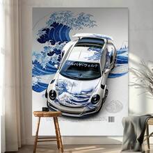1件保时捷911 GT3 RS“神奈川冲浪里”版挂毯，融合日本浮世绘美学和葛饰北斋的波浪纹汽车绘画，蓝白传统艺术版画，适合汽车和艺术爱好者的卧室或客厅装饰。 - 911 - 查看 3