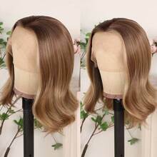 Glueless 13X4 Platinum Blonde Short Wave Lace Front Wig Pre Plucked Hairline Soft Bob Wavy Wigs 14 Inch Heat Resistant Ombre Blonde Colored Bob Wavy Synthetic Hair Replacement Wigs Breathable HD Lace 180% Density Wear And Go Wigs For Women Girls Daily & Party Use - 漸層棕色 - 查看 1