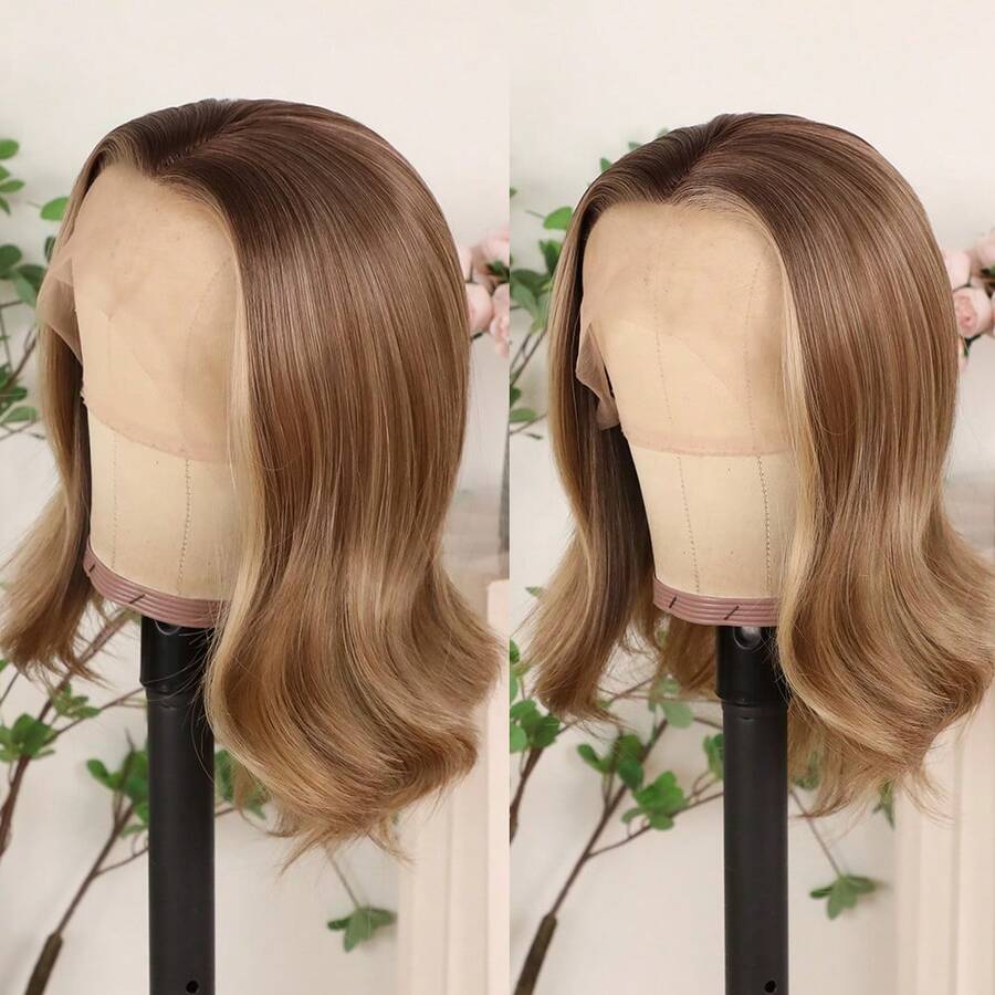Glueless 13X4 Platinum Blonde Short Wave Lace Front Wig Pre Plucked Hairline Soft Bob Wavy Wigs 14 Inch Heat Resistant Ombre Blonde Colored Bob Wavy Synthetic Hair Replacement Wigs Breathable HD Lace 180% Density Wear And Go Wigs For Women Girls Daily & Party Use - 漸層棕色 - 查看 1