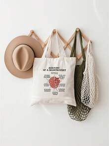1pc Anatomy Of A Booktrot Canvas Tote Bag, "Would Rather Be Reading" Design With Brain Heart Book Lover Traits, White Bookworm Humor Bag For Library School Commute, Gifts For Readers Book Lovers Women Men - Multicolor - View 8