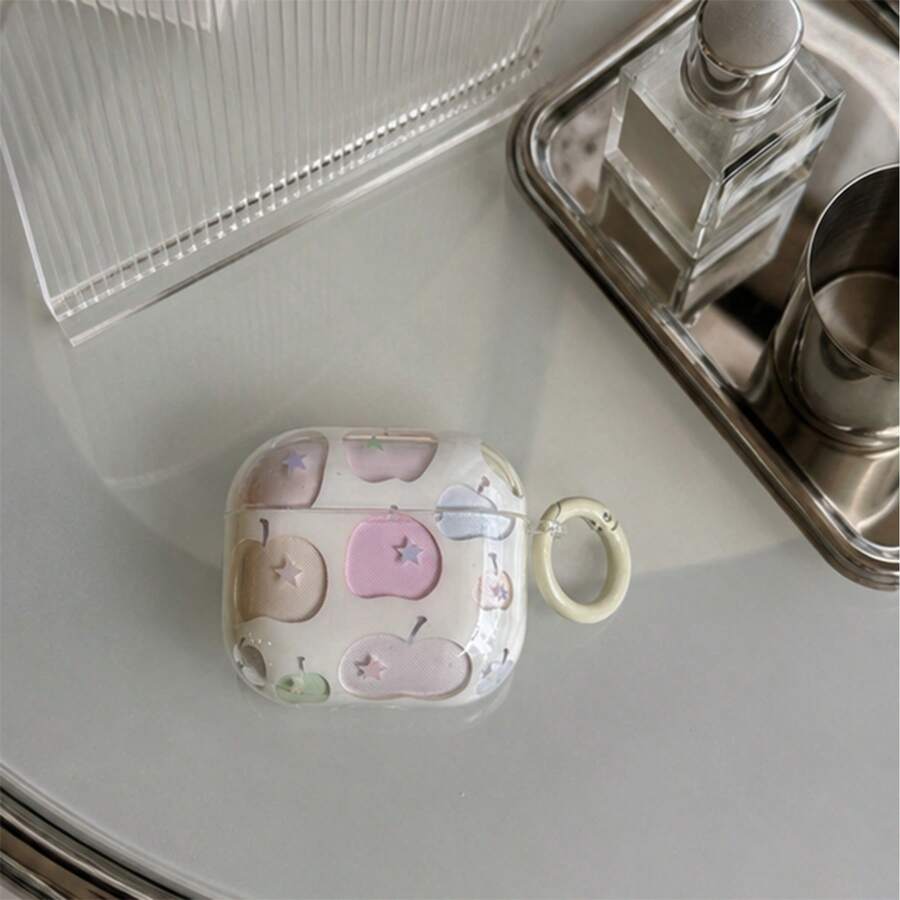 Korean Style Minimalist Transparent Apple + Ring Earphone Case Compatible With AirPods 4th Gen, Cute Earphone Cover For AirPods 2nd Gen, 3rd Gen, New Protective Case Pendant For AirPods Pro 3, Korean Style Earphone Case Pro 2, Women's Earphone Protective Cover - Champagne - View 1