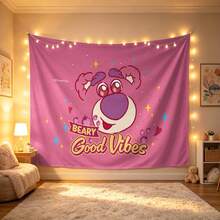 Disney Pixar Toy Story Tapestry With Lotso The Bear Face Illustration, "Beary Good Vibes" Quote, Strawberry & Star Accents Print No-Hole Backdrop, Perfect For Parties, Camping, Home Decor, Scene Setup And Gathering Displays - 0 - View 6