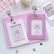 Y2K Star Embossed Photocard Holder, Cute PU Leather 3-Inch Idol Photo Card Case With Keychain, Kawaii ID Badge Protector For Backpack Charm & School - Rectangle - View 3