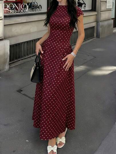 Women's Burgundy Polka Dot New Spring/Summer Stand Collar Short Sleeve Maxi Dress - Ruched Waist & Flared Hem, Soft Romantic Elegant Casual Office Party Valentine's Date Night Dress