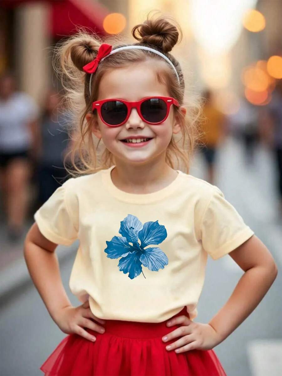 Blue Flower Print Design Printed T-Shirt For Children - Apricot - View 1