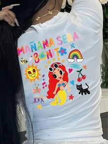 Camiseta estampada 'Manana Sera Bonito', cuello redondo y manga corta para verano y primavera, Ropa de mujer - Negro - Ver 3
